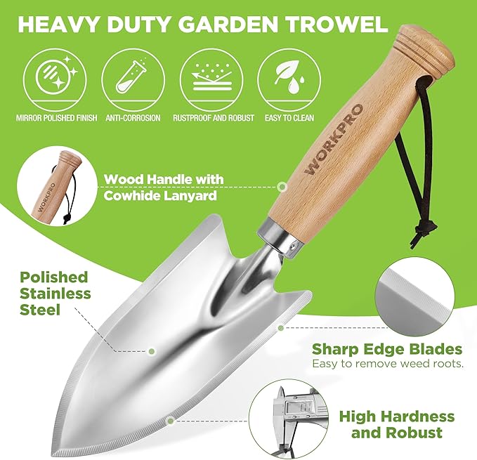 WORKPRO 11" Garden Hand Trowel, Heavy Duty Polished Stainless Steel Garden Shovels with Wood Handle, Small Gardening Hand Tools for Digging, Planting, Measure, Transplanting
