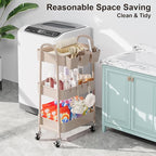 3 Tier Khaki Metal Utility Rolling Cart, Storage Cart with Handle and Lockable Wheels, Multifunctional Organizer Trolley with Mesh Storage Baskets for Kitchen, Office, Living Room, Laundry, Garage