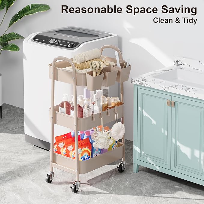 3 Tier Khaki Metal Utility Rolling Cart, Storage Cart with Handle and Lockable Wheels, Multifunctional Organizer Trolley with Mesh Storage Baskets for Kitchen, Office, Living Room, Laundry, Garage