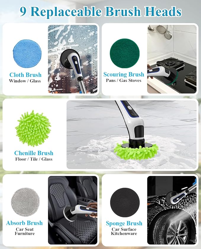 Electric Spin Scrubber, Rocfinity Cordless Cleaning Brush with 9 Brush Heads, 3 Adjustable Speeds and Extension Handle for Bathtub, Kitchen, Window,Full-Body IPX7 Waterproof Bathroom Cleaner Brush