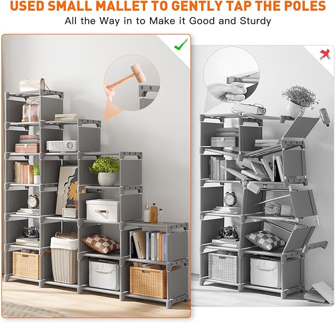 REIBII Book Shelf, 16 Cube Storage Organizers, DIY Tall Book Case for Bedroom, Office, Living Room, Closet, 12" D x 47.24" W x 70.86" H, Grey