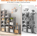 REIBII Book Shelf, 16 Cube Storage Organizers, DIY Tall Book Case for Bedroom, Office, Living Room, Closet, 12" D x 47.24" W x 70.86" H, Grey