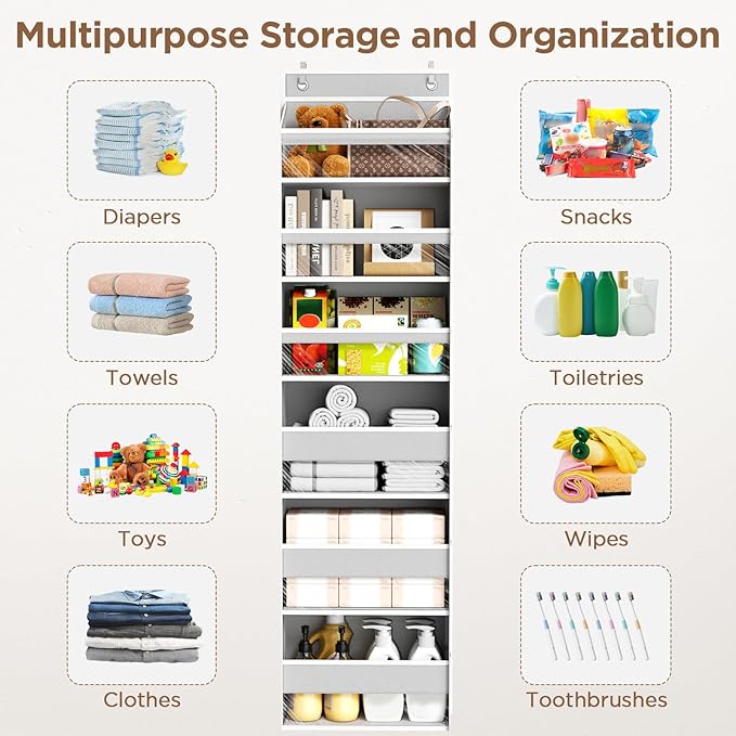 Over The Door Organizer, 6 Shelf Door Organizer Hanging with 6 Large Capacity Pockets, Over The Door Storage Hanging Shelves for Closet Wall Bathroom Closet Bedroom Nursery