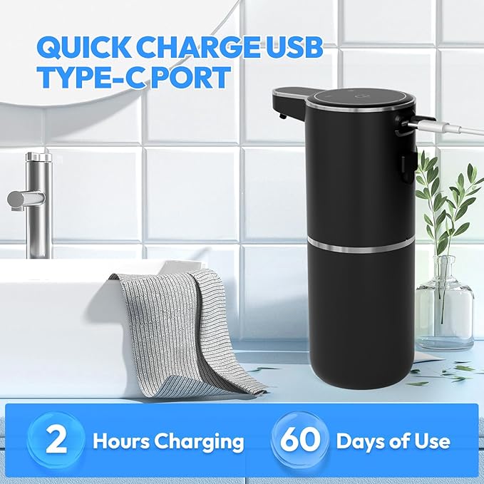 Automatic Foaming Soap Dispenser,Touchless Foam Soap Dispenser,12.8oz Rechargeabled Wall Mounted Smart for Bathroom and Kitchen Dish Soap,Easy for Toddlers(Black)