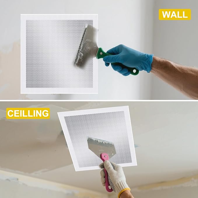 12" x 12" Drywall Repair Patch Kit (4-Pack) – Self-Adhesive Mesh for Large Holes in Walls & Ceilings | Includes Metal Scraper & Heavy-Duty Aluminum Patch Tools