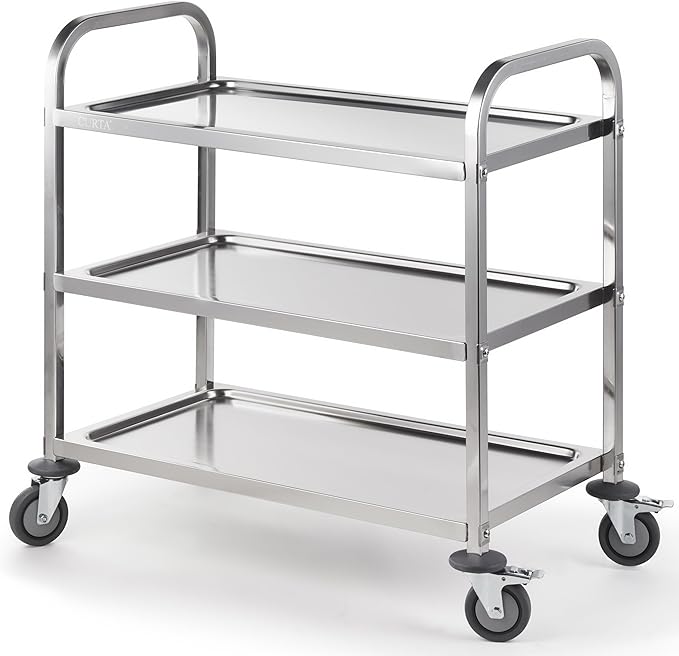 CURTA Stainless Steel Serving Trolley, 34" L x 18" W x 36" H 3 Tiered Shelf Kitchen Utility Cart, Rolling Casters Brake Wheel, Commercial Pro for Restaurant/Hotel/Lab/Clinic/Salon/Workshop