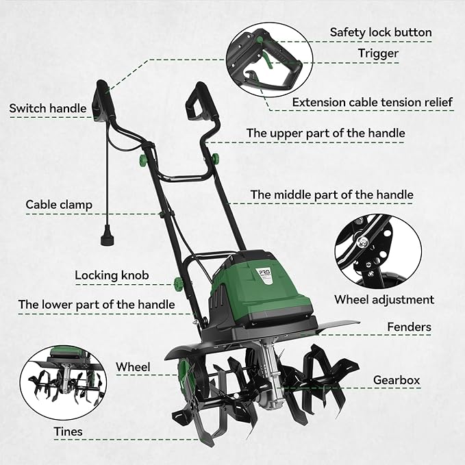 18-INCH Electric Tiller, 15 Amp Cord Cultivator with 6 Steel Tines, Foldable Handle & Adjustable Wheels for Soil Digging