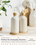 Getstar Hand and Dish Soap Dispenser Set, Ceramic Soap Dispenser for Bathroom and Kitchen with Rust Proof Pump and Tray, Set of 2 (White Pump)