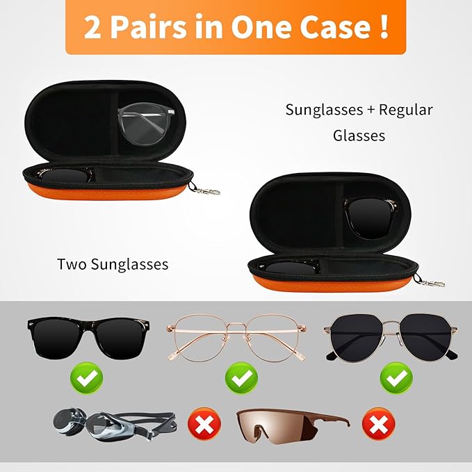 Double Eyeglasses Case, Hard Shell Dual Sunglasses Organizer with Zipper Clip Travel Glasses Storage for Women Men