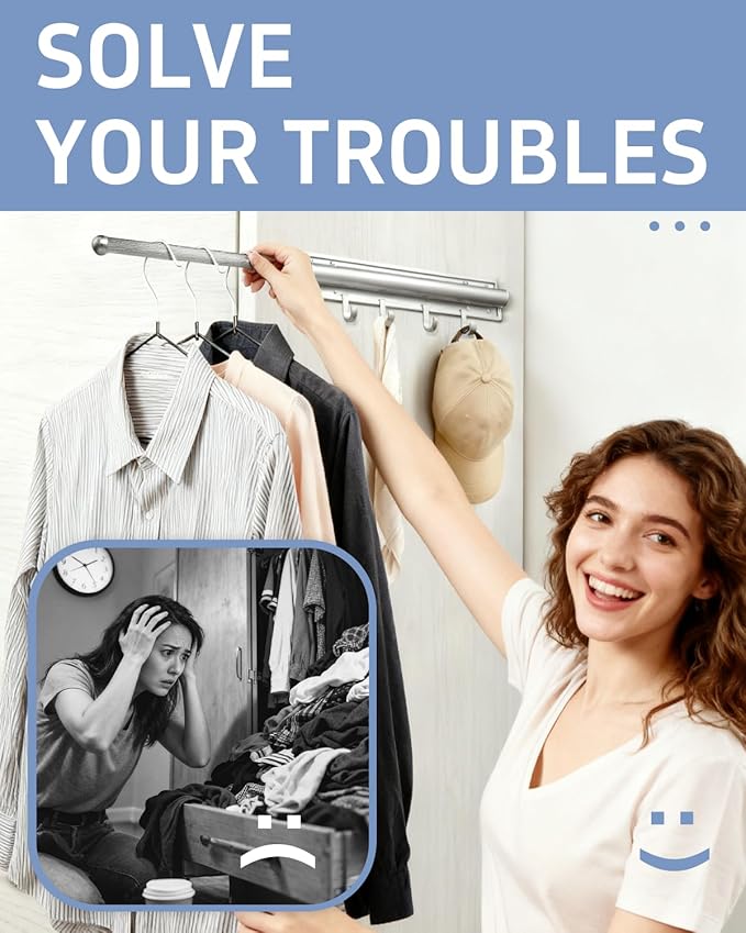 Aluminum Valet Rod, 12 in Heavy Duty Pull Out Closet Valet Rod with 4 Hooks, Adjustable Slide Out Closet Rod, Ideal for Hanging Clothes, Closet Accessories, Easy to Install (Silver)