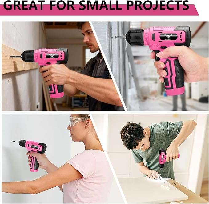 8V Cordless Drill, Drill Set with 3/8"Keyless Chuck, Built-in LED, Type-C Charge Cable, 12N.m, Variable Speed Trigger, Pink Electric Screwdriver for DIY- Women