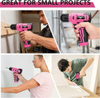 8V Cordless Drill, Drill Set with 3/8"Keyless Chuck, Built-in LED, Type-C Charge Cable, 12N.m, Variable Speed Trigger, Pink Electric Screwdriver for DIY- Women