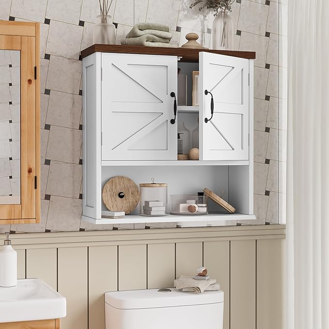 Bathroom Wall Cabinet with Barn Doors, Wall Mounted Bathroom Cabinet, Farmhouse Style, Adjustable Shelf, Wall Mounted Medicine Cabinets, 23.6 x 7.9 x 23.9 Inches