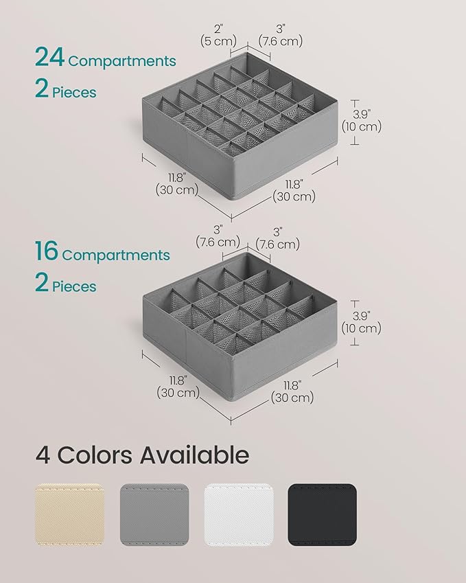 SONGMICS 4 Pack Drawer Organizers, 80 Cells (2x16+2x24), Foldable Dividers, 11.8 x 11.8 x 3.9 Inches, for Socks, Underwear, Ties, Belts, Dove Gray URUS011G01