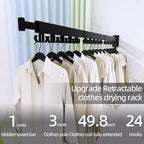 Clothes Drying Rack, Wall Mounted Laundry Drying Rack, Upgrade 3-Fold Foldable Collapsible Retractable Clothing Drying Rack with 12 Dual Hooks Organization for Laundry Room Indoor- Black