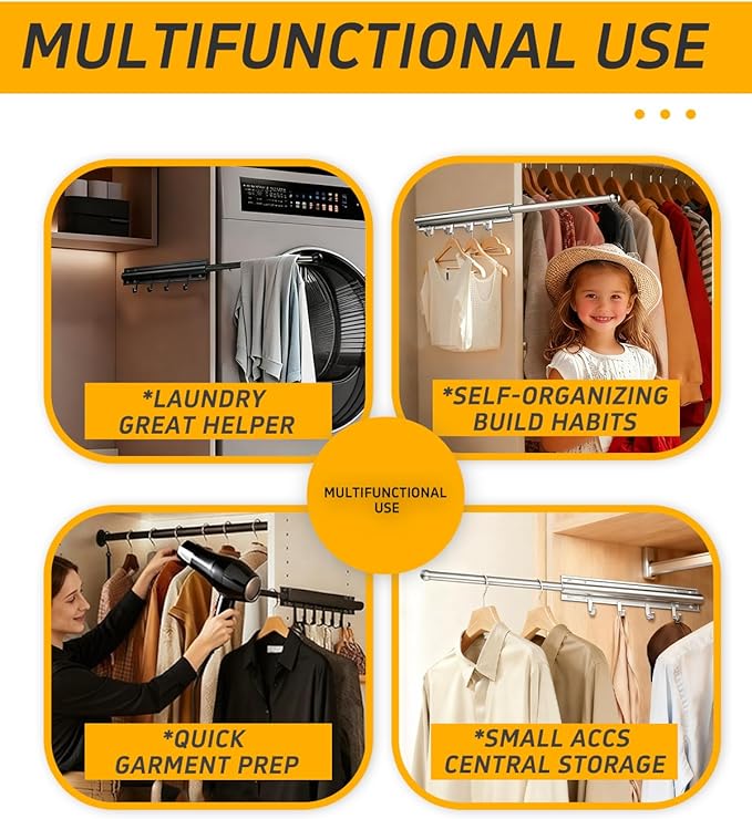 12 in Valet Rod for Closet Pull Out – Closet Valet Rod Slide Out, Heavy Duty with 4 Hooks, for Hanging Clothes/Hats/Belts & Closet/Laundry Room Organization – Black