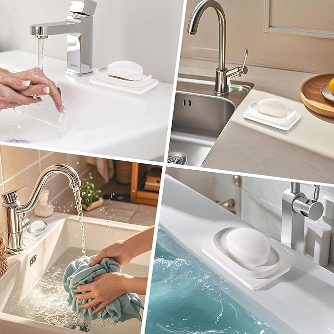 Shinowa Soap Dish (Dual Layer), 4.72 * 2.95'' Ceramic Soap Container and 5.12 * 3.27'' Diatomaceous Earth Tray, Quickly Drain Water and Dry, Dish Soap Holder for Kitchen, Bathroom, Shower