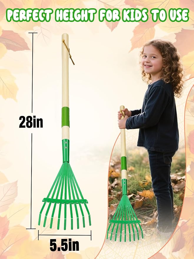 Kids Friendly Rakes for Leaves - 28" Child Size Small Rake with Durable Metal Head & Hardwood Handle, Real Lawn Garden Yard Tools for 3+ Years Kids Enjoy Helping Work Gifts (Green)