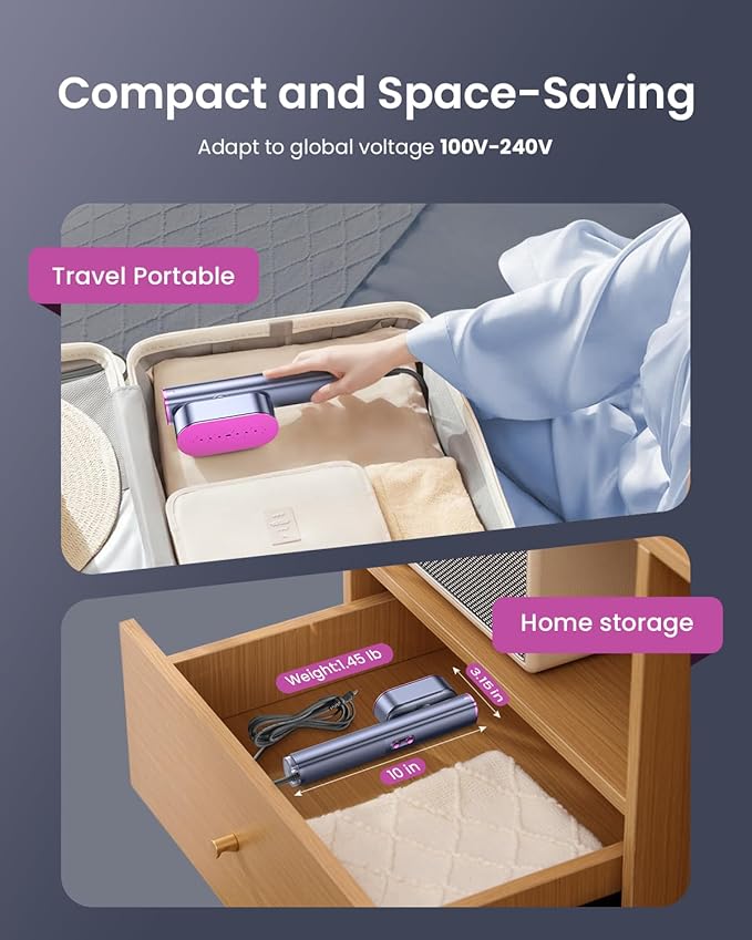Travel Steamer for Clothes,100-240V Portable Garment Steamer, Steamer＆Iron 2 In 1,30s Fast Heat-up,120ml Water Tank,Large Ceramic Heat Panel,HandheldSteamer for Global ＆ Europe Traveling,Purple