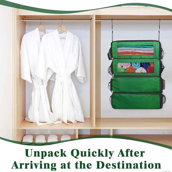 Suitcase Organizer - Carry On Closet Luggage Organizers Accessories - Foldable & Hangable Portable Hanging Travel Shelves with Shoulder Strap - Medium, Green