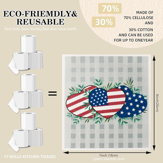 6 Packs Swedish Kitchen Dish Cloths - Reusable Paper Towels for Counters & Dishes - Eco-Friendly Cellulose Sponge Cloth - Assorted (Flag)