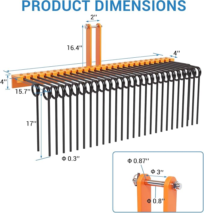 72" 3-Point Tractor Landscape Rake, Pine Straw & Yard Waste Cleaner, Cat 0/1 Hitch Compatible, Powder Coated Steel Blades, Orange