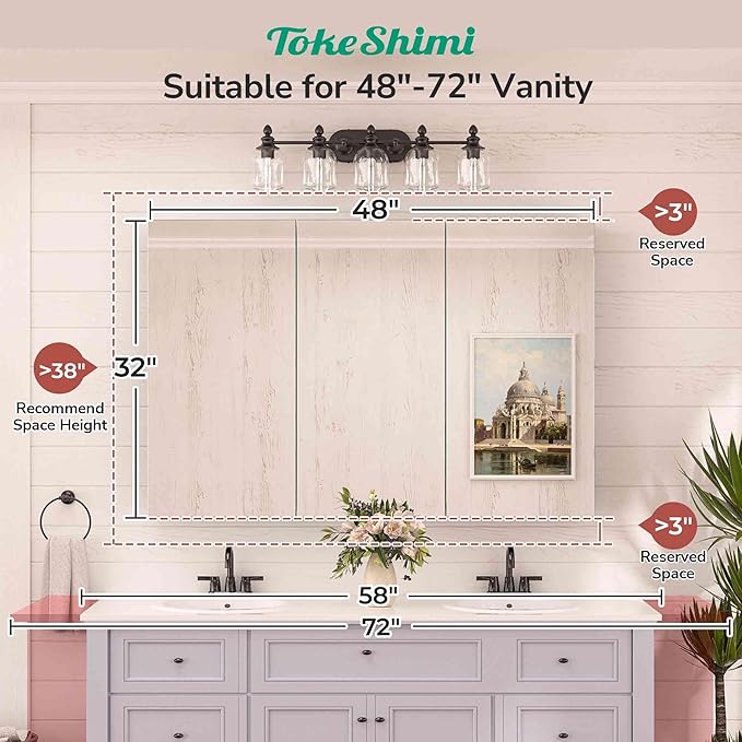 TokeShimi 48 x 32 Mirror Medicine Cabinet Wall Mounted or Recessed, Aluminum Tempered Black Medicine Cabinet with Mirror with Stepless Adjustable Storage Metal for Modern Farmhouse