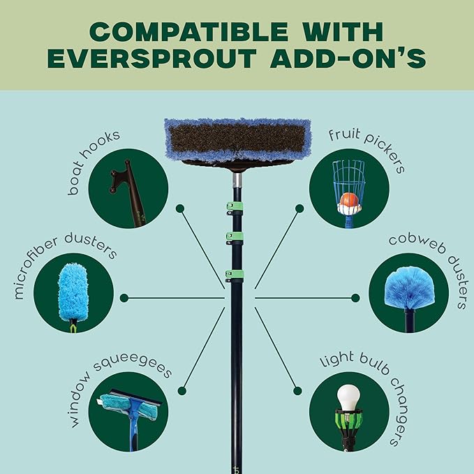 EVERSPROUT 7-to-24 Foot Scrub Brush (30 Foot Reach) | Built-in Rubber Bumper | Heavy-Duty Extension Pole Handle | Soft Bristles wash Car, RV, Boat, Solar Panel, Deck, Floor | Bumper Prevents Scratch