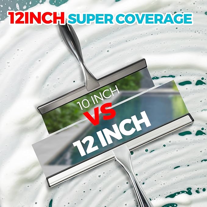 12-Inch All-Purpose Shower Squeegee for Shower Doors, Tile Shower Walls, Bathroom, Window, Glass and Car Windshield, Mirrors and Kitchen-Stainless Steel, Silver