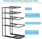 Toplife Heavy Duty Pan Organizer, 5 Tier Pot and Pan Organizer Rack for Cast Iron Skillets, Griddles and Pots - Sturdy Steel Construction- No Assembly Required - Black