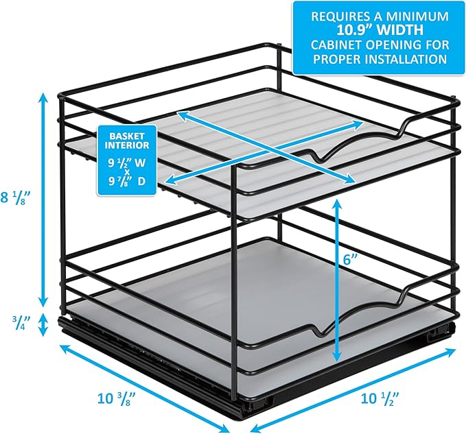 Pull Out Cabinet Organizer for Spices, Cans - Heavy Duty with Lifetime Limited Warranty- Pull Out Spice Rack- Cabinet Pull Out Shelf for Cans,Dishes, Etc, 20-3/8"Wx 10-1/2"D x 2-3/4” H, Black