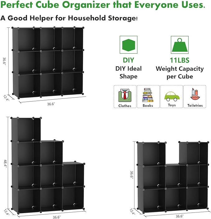 C&AHOME Cube Storage, 9-Cube Bookshelf, Plastic Closet Cabinet Organizer, DIY Stackable Bookcase, Modular Shelving Units Ideal for Home, Office, Kids Room, 36.6" L x 12.4" W x 48.4" H Black SHS3009A