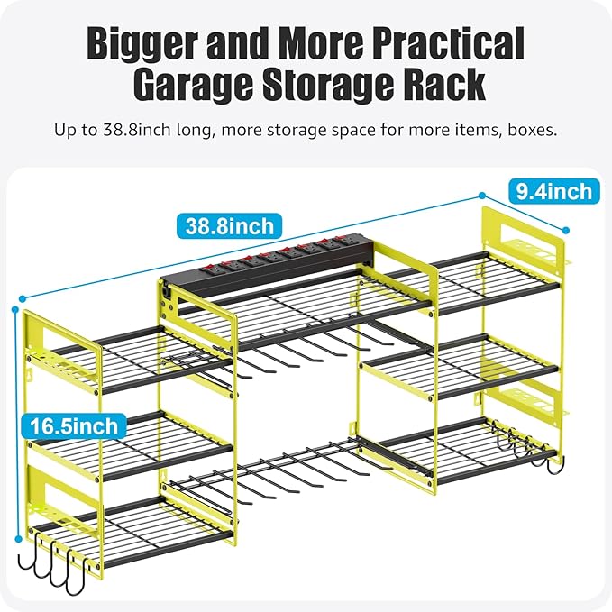 CCCEI Green Power Tool Organizer Wall Mount, Large Tools and Battery Storage Rack Charging Station Individual Switches. Drills Holder, Garage Utility Shelves with 6FT Power Strip. Gift for Men.