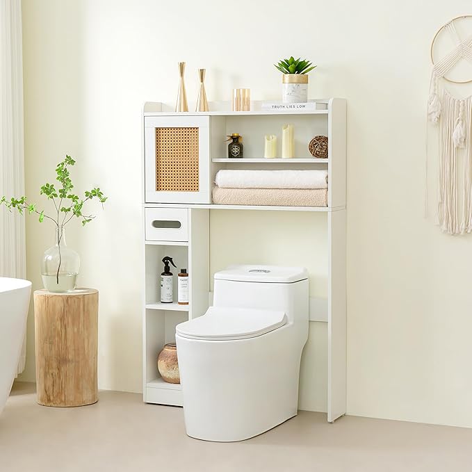 6Tier Over The Toilet Storage Cabinet, Freestanding Above Toilet Space Saver Rack w/Adjustable Shelves, Sliding Door, Multifunctional Over Toilet Organizer for Bathroom (White)