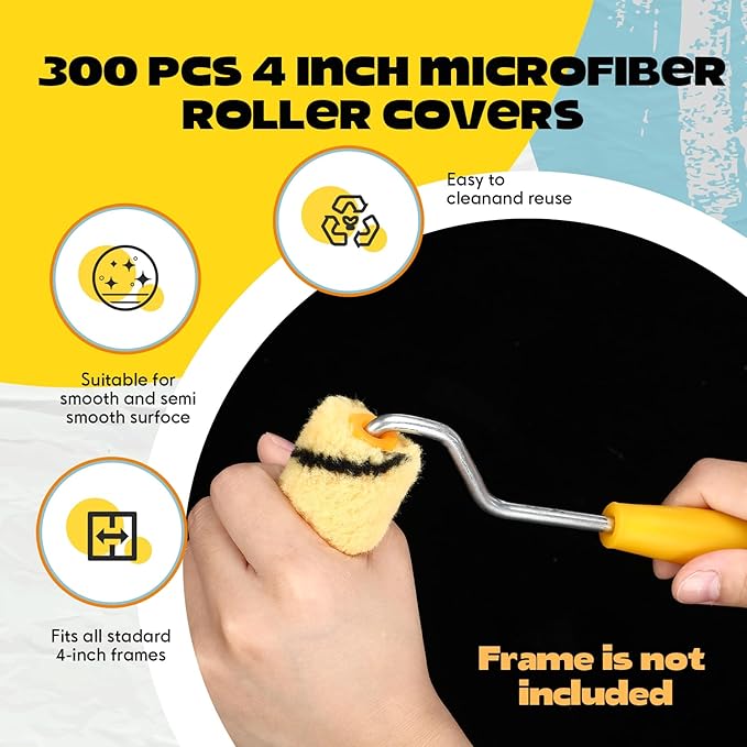 Leumoi 300 Pcs 4 Inch Mini Paint Roller Cover 1/2" Nap Small Microfiber Roller Covers Home Repair Tools House Household Supplies Kit (Black, Yellow)