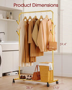 Sakugi Clothes Rack - Metal Coat Rack with Bottom Shelf, Portable Wardrobe Rack with 6 Side Rods, Rolling Clothing Rack for Hanging Clothes for Bedroom or Laundry Room (Gold, 28.7 x 17 x 59.4)