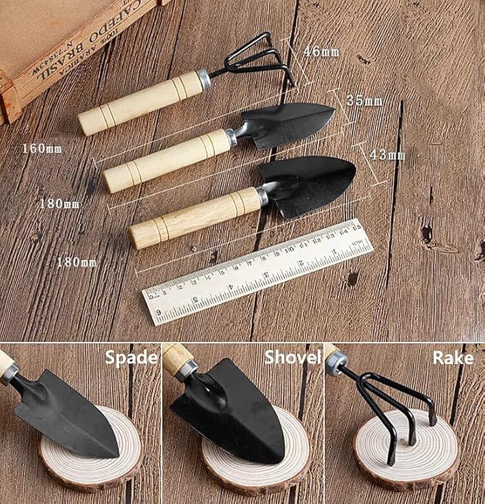 Gardenera Bonsai 3PC Gardening Tool Set: Rake, Spade, Shovel - Wooden Handles - Best Kit for Potted Plant, Flower and Seedling Care - Ergonomic Design for Little Hands - Great Gift for Gardeners
