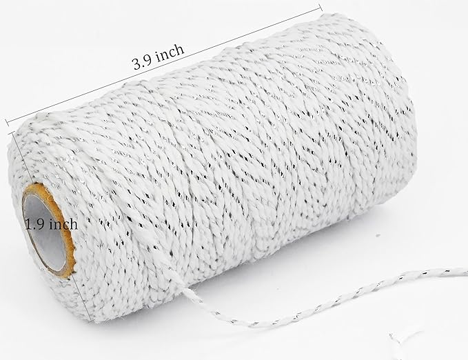 Leecogo Cotton Twine Silver and White Baker String 2mm Thick 328 Feet Christmas Twine for Gift Wrapping DIY Crafts Home Party Decoration