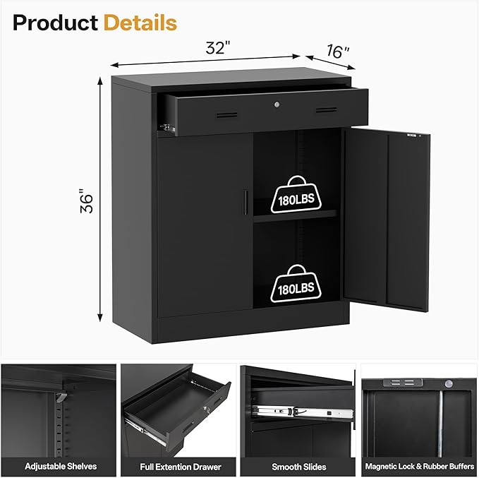 Metal Garage Storage Cabinet 36" H, Steel Locking Cabinet with 2 Lockable Doors and 1 Drawer Adjustable Shelves Easy to Assemble for Home Office, Garage,School, Apartment, Warehouse