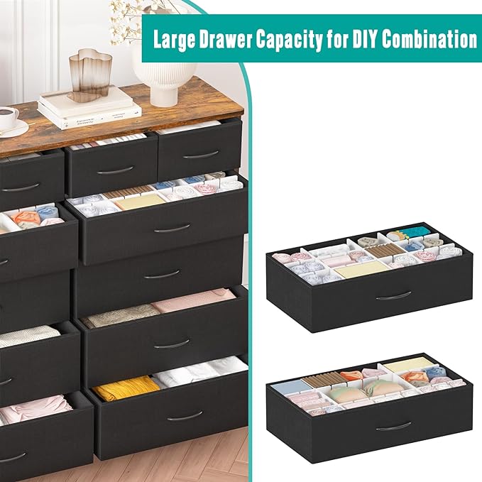 Large Dresser for Bedroom with 12 Deep Drawers, Tall Fabric Drawer Dresser, Chest of Drawers for Closet, Nursery, Living Room, Laundry, Entryway, Hallway (Black)