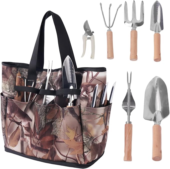 Garden Tool Set, 7 Pcs Floral Gardening Set for Women Leaf Camouflage Gardening Kit with Garden Tool Bag, Trowel, Weeder Fork, Hand Rake, Pruning Shears, Cultivator, Transplanter