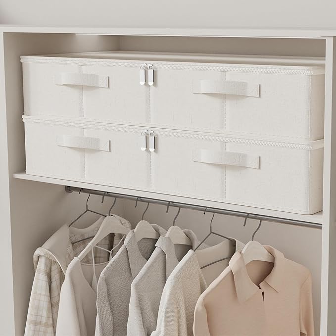 Underbed Storage Bins Drawer, Foldable Under Bed Boxes, Fabric Closet Container with Lid for Organizing Clothes, Sheets, Blankets, Comforter, 31.4x15.7x5.9in, Beige, 3 Pack