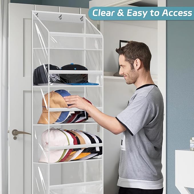 AOODA Clear Over the Door Hat Racks for Baseball Caps, Large Holds up to 72 Caps Hat Storage Organizer for Closet Wall, Deep Pockets Hanging Snapback Holder Shelves with 3 Hooks, White