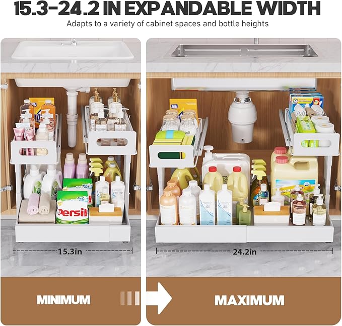 1 Pack Expandable Under Sink Organizers Storage With Upgrade Ball-Bearing Slide Tracks,2-Tier Pull Out Under Cabinet Organizer Height Adjustable,Not Suitable For Cabinets With Partitions In The Middle