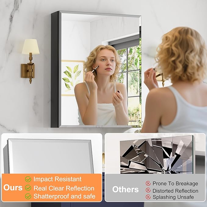 24x30 Inch Medicine Cabinet with Mirror, Aluminum Medicine Cabinet, Tempered Beveled Edge Mirror Single Door, Adjustable Shelves, Surface or Recessed Mount Bathroom Mirrors with Storage, Black