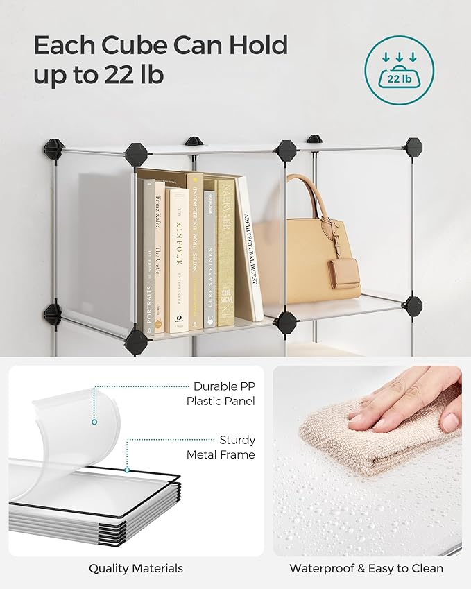 SONGMICS 6 Cube Storage Organizer, DIY Closet Shelf, Plastic Clothes Organizer, Modular Bookcase, 11.8 x 11.8 x 11.8 Inch Cubes, with Feet and Rubber Mallet, White ULPC06W