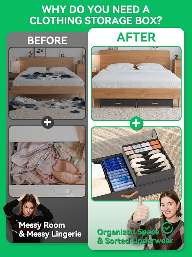 2Pack Under Bed Storage with Wheels+1Pack Underwear Storage, Scalable Under Bed Shoe Storage Containers, Clothes Organizer & Bedroom Furniture Organizers (Underwear Style)