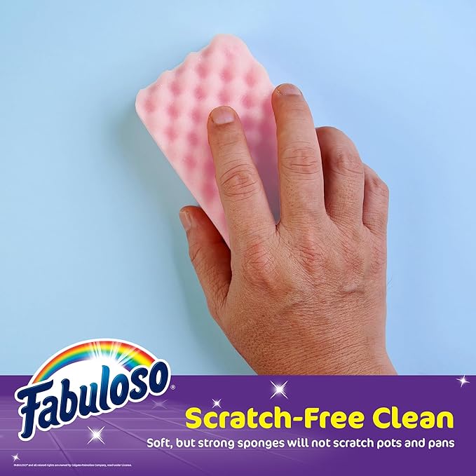 Fabuloso Scratch-Free Kitchen Dish Sponges, Purple Cellulose Scrubber Sponge with Scouring Pad for Dishes, Pots, Pans, Counters and Sinks, Tough on Messes, 4.25 x 2.75 x 1.25 in, 12 Count