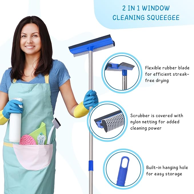 Window Squeegee for Home, 56'' Long Handle Shower Door Cleaner Tool, 2-in-1 Glass Scrubber for Car Windshield Cleaning