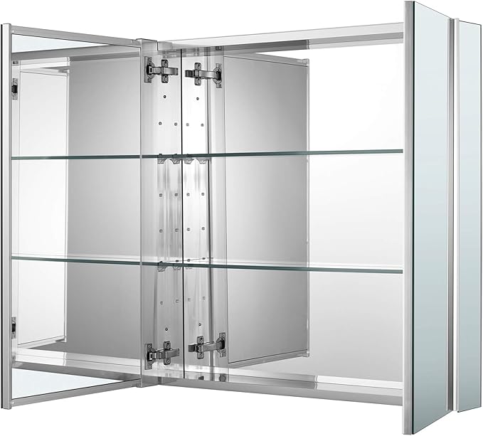 Sunrosa Aluminum Bathroom Medicine Cabinet with Mirror Door, 30"×27.5" Bathroom Mirror Cabinet, Wall-mountable and Recessed-in Mirror Cabinet, 2 Doors Medicine Cabinet Organizer